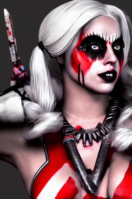 Prompt: lady gaga as harley quinn highly detailed, wide shot, intricate, fearful, mystical, sharp focus, Trending on Artstation HQ, deviantart, unreal engine 5, 4K UHD image