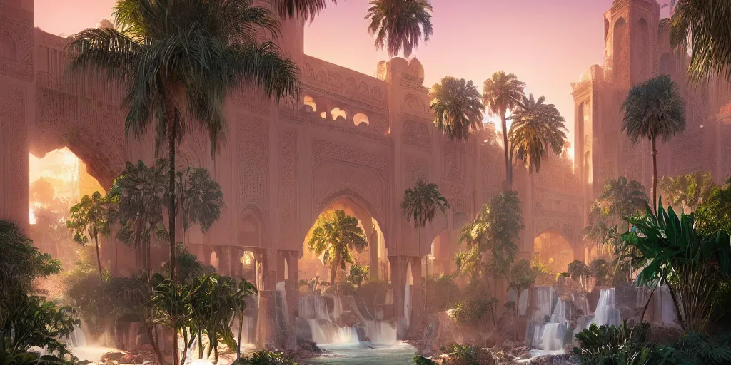 Image similar to beautiful oasis waterfalls surrounded by palm trees moroccan tile archways, date trees, ivory towers sunset peter morbacher ross tran angelarium greg rutkowski alchemy luxury heavenly light soft illumination, trending on artstation cinematic lighting digital painting octane render, artgerm