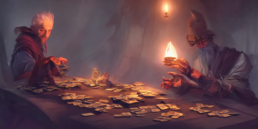 Image similar to sorcerer shuffling cards, cards, fantasy, digital art, soft lighting, concept art, 8 k