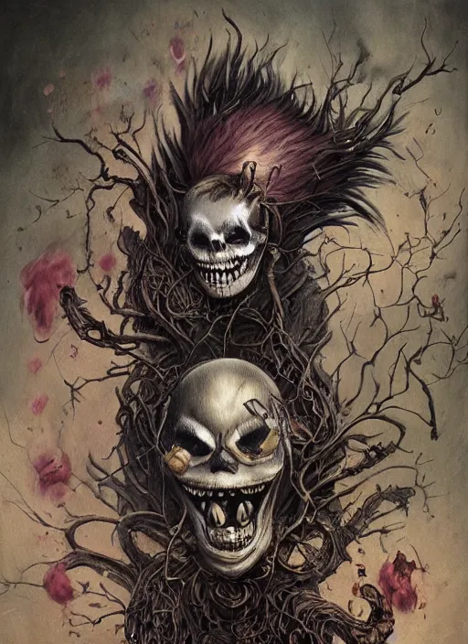 Prompt: Cheshire Cat choping wood,Death Tarot card,highly detailed,half skull face,cinematic,8k,by Stanley Artgermm,Tom Bagshaw,Greg Rutkowski,Carne Griffiths, Ayami Kojima, Beksinski, Giger,trending on DeviantArt,hyper detailed,horror, full of colour