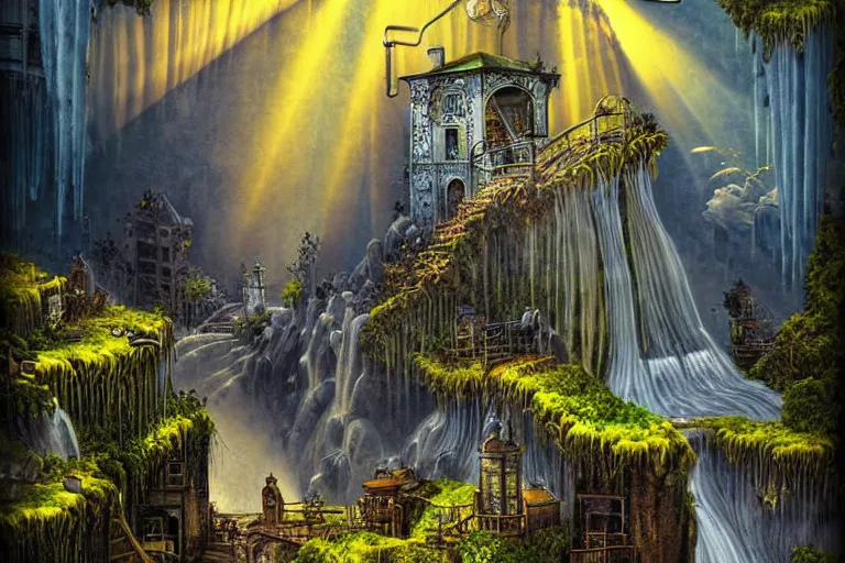 Prompt: gothic waterfall favela honeybee hive, art nouveau environment, crepuscular rays, industrial factory, award winning art, epic dreamlike fantasy landscape, ultra realistic,