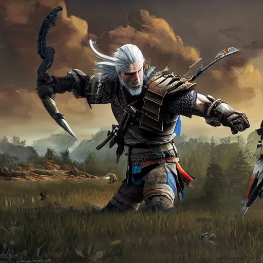 Image similar to Geralt fighting a Thunderjaw machine from Horizon Zero Dawn in the style of an oil painting