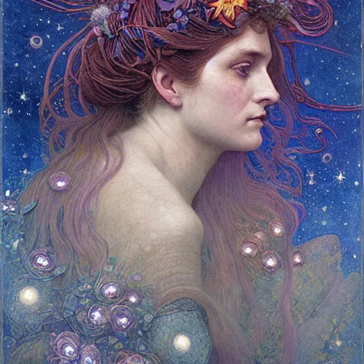 Prompt: queen of the moon with stars in her hair, by annie swynnerton and tino rodriguez and nicholas roerich and jean delville and donato giancola and tom bagshaw, dramatic lighting, floral tattoos, rich colors, smooth sharp focus, extremely detailed, adolf wolfli