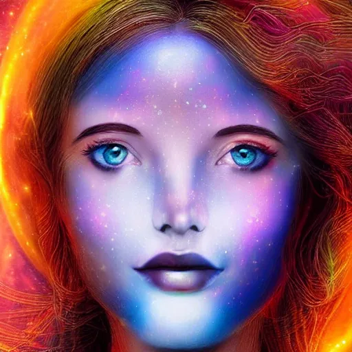 Prompt: woman with galaxies for eyes, ethereal vivid dream, beautiful, serene, tranquil expression, goddess