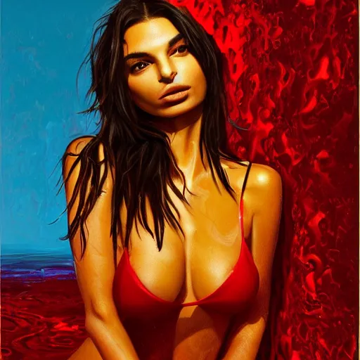 Image similar to Emily Ratajkowski model with beautiful face and full body laying in a blood red pool of water between a bright golden glowing mirror frame, outside is space and inside the mirror frame is a beautiful landscape. Hyperrealistic surreal 4K IMAX Rene Margritte intricate, elegant, highly detailed, digital painting, artstation, concept art, smooth, sharp focus, illustration, art by artgerm, Francis bacon, HR Giger and greg rutkowski and alphonse mucha