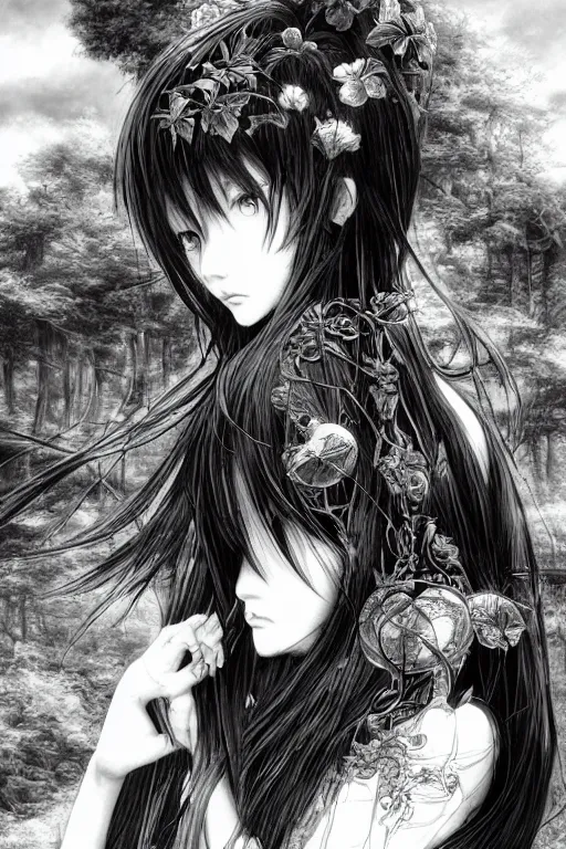 Image similar to a vertical portrait of a character in a scenic environment by Yoshitaka Amano, black and white, dreamy, cybernetic, wavy long black hair, highly detailed