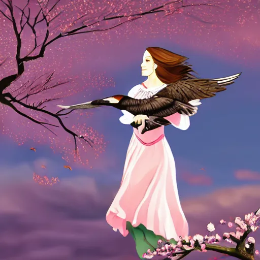 Prompt: a celtic woman falconer catching a white falcon on her arm. behind her are pink mountains, puffy clouds, and cherry blossoms blowing in the wind. concept art.