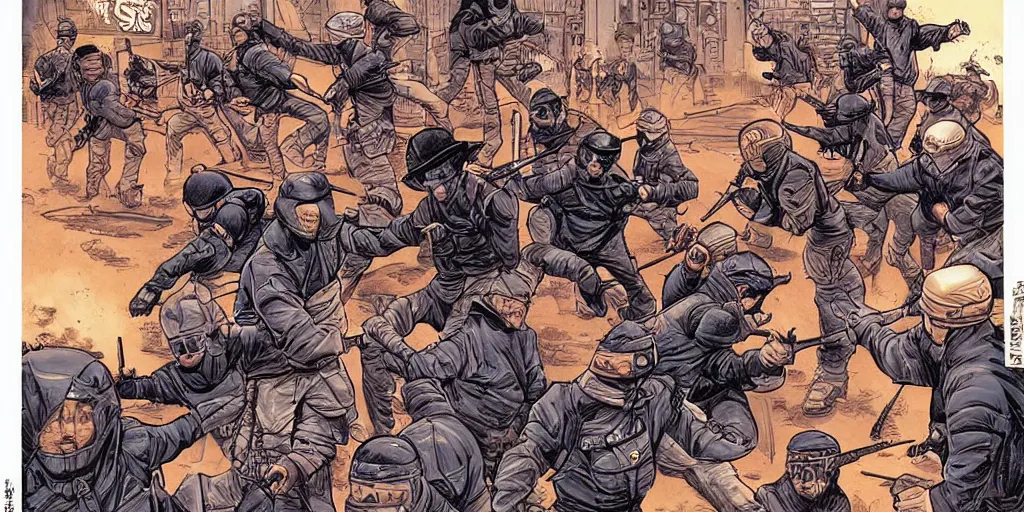 Image similar to keystone cops vs. Ninjas. Epic painting by James Gurney and Laurie Greasley.
