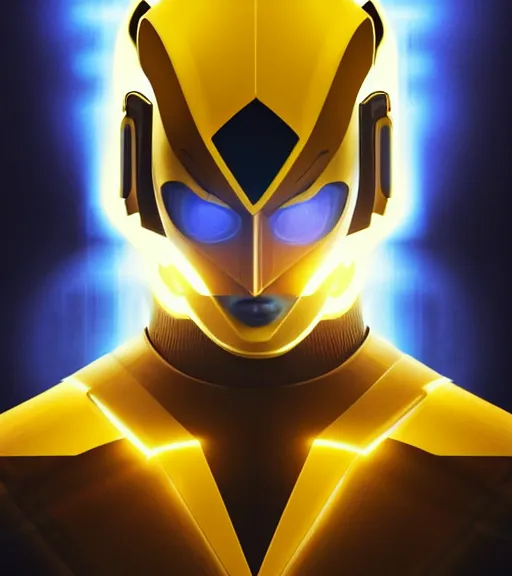 Image similar to symmetry!! yellow ranger, thunderbolt shaped viser!! solid cube of light, hard edges, product render retro - futuristic poster scifi, lasers and neon circuits, brown skin man egyptian prince, intricate, elegant, highly detailed, digital painting, artstation, concept art, smooth, sharp focus, illustration, dreamlike, art by artgerm