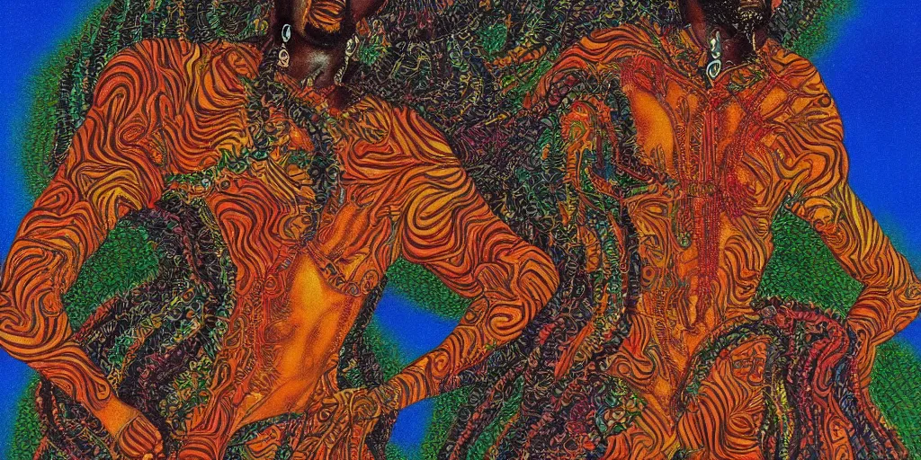 Image similar to an abstract tropical landscape, portrait of a dark - skinned greek god dancing. 2 4 mm, photorealistic, directed by mati klarwein