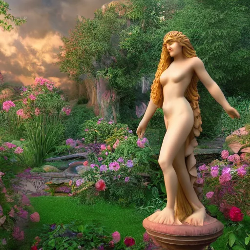 Image similar to Aphrodite - Goddess of Love, magical garden, detailed 8k render, 8k postprocessing