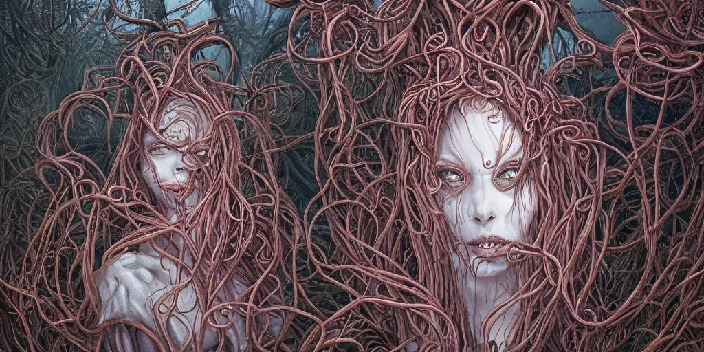 Prompt: centered horrifying detailed view profile portrait of an insane, crazed, mad spaghetti monster, dunwitch horror, ornate spaghetti strings growing around, elegant, tentacles, vines, beautifully soft lit, full frame, 8 k, by wayne barlowe, peter mohrbacher, kelly mckernan, h r ginger