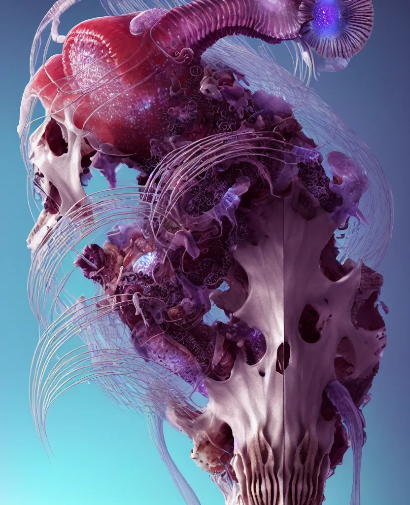 Image similar to goddess close-up portrait goat skull. jellyfish phoenix head, nautilus, orchid, skull, betta fish, bioluminiscent creatures, intricate artwork by Tooth Wu and wlop and beeple. octane render, trending on artstation, greg rutkowski very coherent symmetrical artwork. cinematic, hyper realism, high detail, octane render, 8k