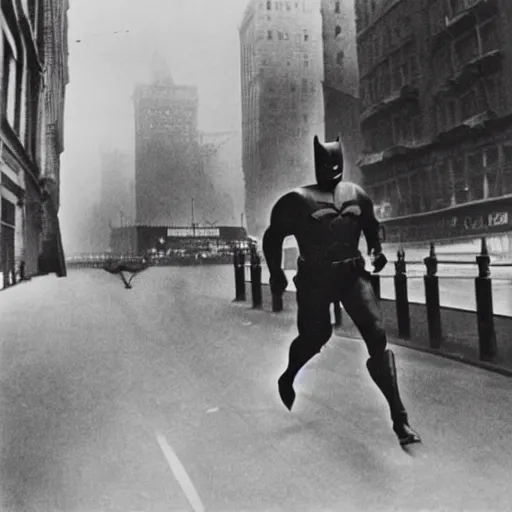 Image similar to old black and white photo, 1 9 1 3, depicting batman from dark knight running through the bustling streets of new york city, rule of thirds, three - point perspective, historical record