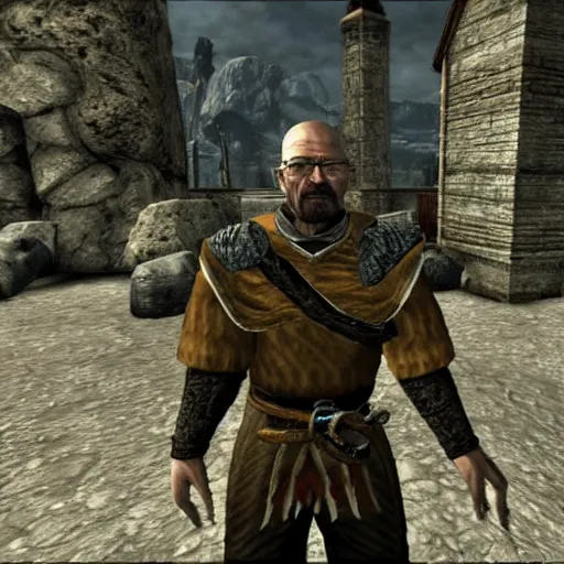 Image similar to Video game screenshot of Walter White as a guard NPC in the Elder Scrolls V Skyrim