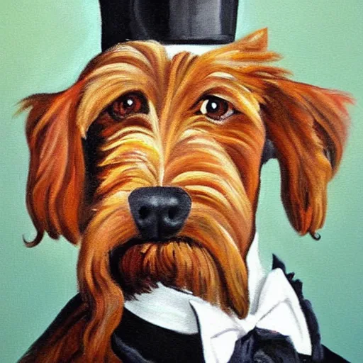 Prompt: beautiful painting of an Irish terrier wearing a monocle and a top hat, acrylic Victorian painting, majestic