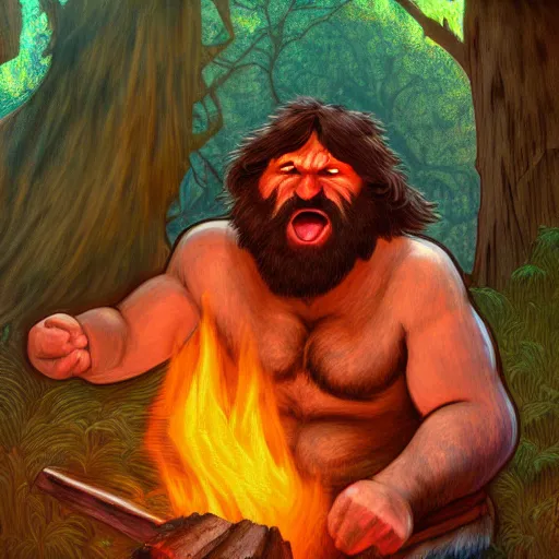 Prompt: caveman is shocked when they first time discovered fire , Unga bunga , illustration , HDR, natural lighting , award winning photograph, 8k, Mucha style,