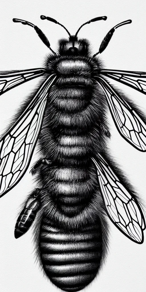 Image similar to hyper detailed ultra sharp of a beautiful bee. trending on artstation, golden, delicate, facing camera, hyper realism, 1 4 5 0, engraving, ultra realistic, 8 k