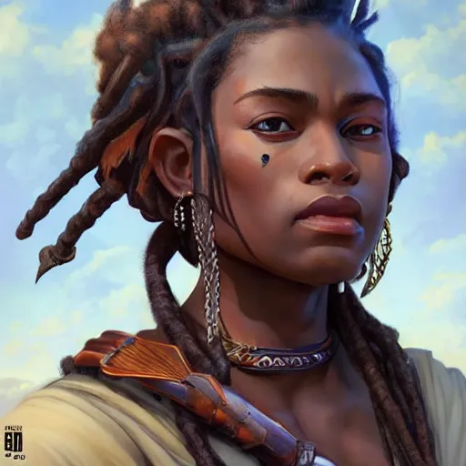 Image similar to a strong, dark-skinned female archer with dreadlocks, carrying the head of an orc, D&D, highly detailed, digital painting, artstation, concept art, sharp focus, illustration, cinematic lighting, art by artgerm and greg rutkowski and alphonse mucha