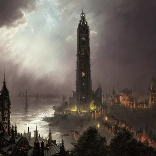 Prompt: an ultra detailed matte painting of a lonely and impossibly tall ominous gothic dark citadel tower of the evil patriarch, in the style of magic the gathering, in a river elevated high above the city, gaslight fantasy capital city, ultrawide lense, aerial photography, scary thunderstorm, exquisite detail, 8 k, art by greg rutkowski and alphonse mucha