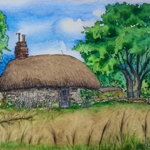 Prompt: a peaceful scene with old thatched cottage nestling amongst the trees, watercolor, wide angle