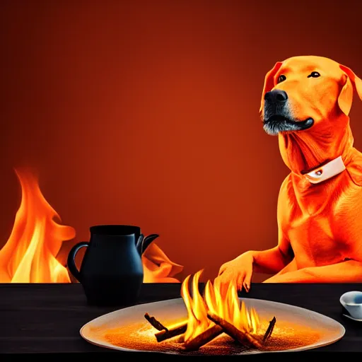 Prompt: a photograph of an orange humanlike dog in his house, sitting relaxed at a table, ☕ on the table, surrounded by flames and fire, smoke above him