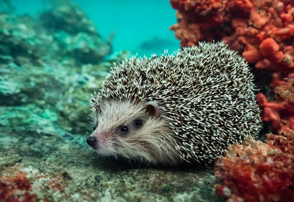 Image similar to a hedgehog swimming in a coral reef