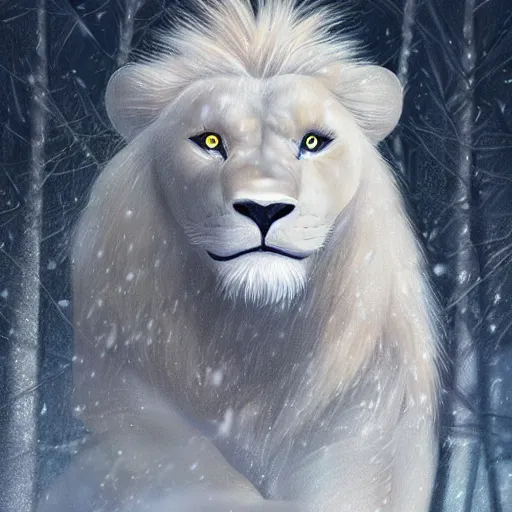 Image similar to aesthetic half body portrait commission of a albino male furry anthro lion wearing gym clothing at an athletic track during a storm, detailed face , hyperdetailed, snowy winter atmosphere. Character design by charlie bowater, ross tran, artgerm, and makoto shinkai, detailed, inked, western comic book art, 2021 award winning painting