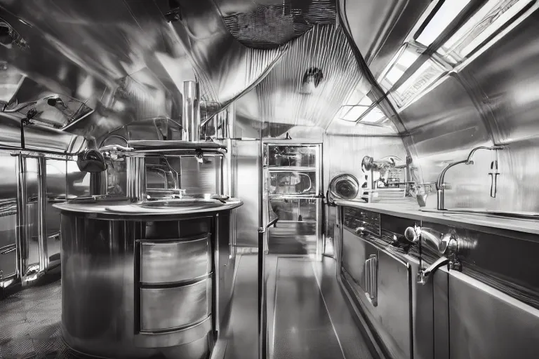 Image similar to a kitchen with kitchenisle by peter vetsch, dieselpunk design, streamlined, aluminium hull, metal, iron, photography, promotional photoshoot, zeiss!!! lens, canon eos, redmagic - cinema, design, studio lighting, 8 k, high detail