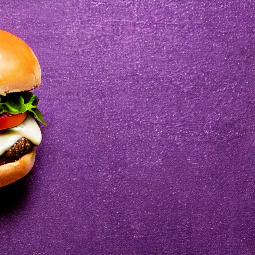 Image similar to a stock photo of a cheeseburger on a purple background, product photography, f 2. 4, bokeh effect, award winning