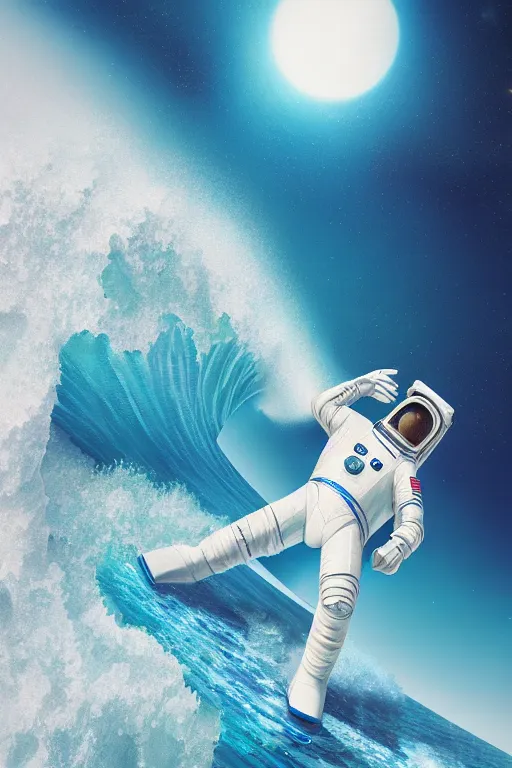 Image similar to a beautiful digital painting of an astronaut in a white and royal blue luxurious space suit surfing the great wave on a mecha surfboard at Pamukkale, thermal waters flowing down white travertine terraces by greg rutkowski, photorealistic, trending on artstation, highly detailed, intricate, unreal engine, octane render