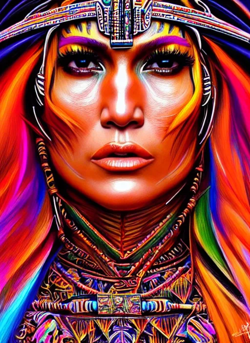 Image similar to portrait of jennifer lopez, hyper detailed ultra sharp aztec shaman warrior. trending on artstation, warpaint aesthetic, bloodwave, colorful, psychedelic, ornate, intricate, digital painting, concept art, smooth, sharp focus, illustration, art by artgerm and greg rutkowski and h. r. giger, 8 k