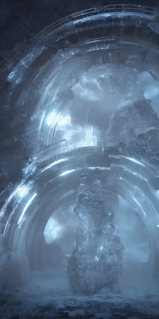 Image similar to interdimensional galaxy portal covered in frost, ice gate, volumetric light, volumetric fog, unreal engine, photorealistic, 8 k