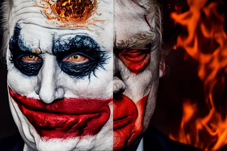 Image similar to donald trump wearing makeup like The Joker, standing in hell surrounded by fire and flames and bones and brimstone, portrait photography, depth of field, bokeh