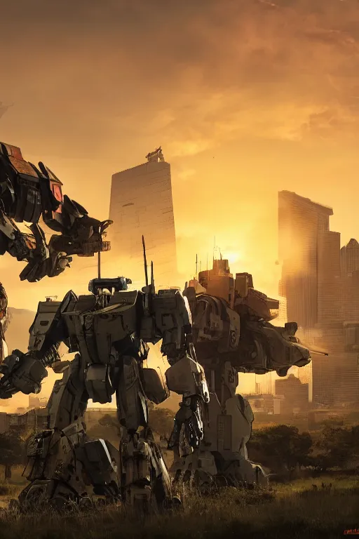 Prompt: A realistic photo of a huge Mechwarrior, a sunset in the distance, by Josan Gonzalez, Yoji Shinkawa and Geof Darrow, highly detailed, Unreal Engine Render, 3D, 8k wallpaper, uplight