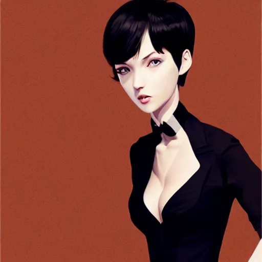 Image similar to slim girl in tuxedo with short black hair, elegant, 2d, ultra highly detailed, digital painting, smooth, sharp focus, artstation, art by Ilya Kuvshinov