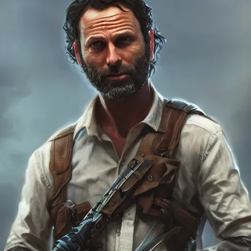 Image similar to rick grimes, portrait, fantasy, medieval, vivid colors, elegant, concept art, sharp focus, digital art, Hyper-realistic, 4K, Unreal Engine, Highly Detailed, HD, Dramatic Lighting by Brom, trending on Artstation