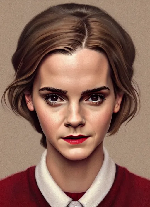 Prompt: twin peaks movie poster art, portrait of emma watson, from scene from twin peaks, clean, simple illustration, nostalgic, domestic, highly detailed, digital painting, artstation, concept art, smooth, sharp focus, illustration, artgerm, donato giancola, joseph christian leyendecker, wlop
