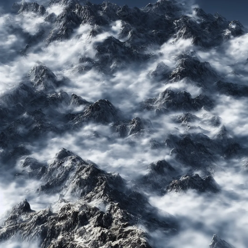 Prompt: a hyper detailed photo of a summit of a beautiful mountain range, above the clouds, photorealistic, unreal engine 5, 8 k post production, cinematographic, ray tracing, v - ray, octane render, go pro, artstation trending, concept art