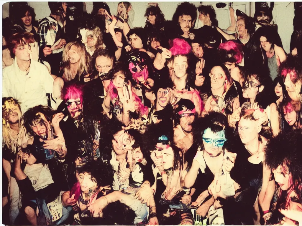 Image similar to 1980s polaroid colour flash photograph of a punk party in an apartment