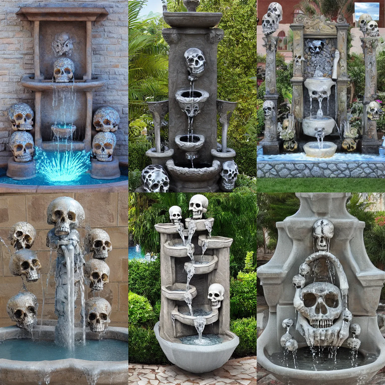 Prompt: a tall decorative fountain with water made out of skulls, realistic, highly detailed, pastel background