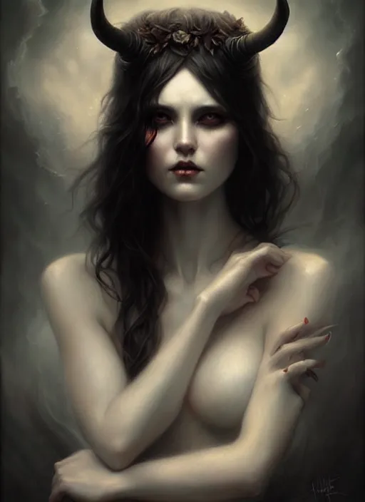 Image similar to a hauntingly beautiful woman with horns, painted by artgerm and tom bagshaw, fantasy art, dramatic lighting, highly detailed oil painting