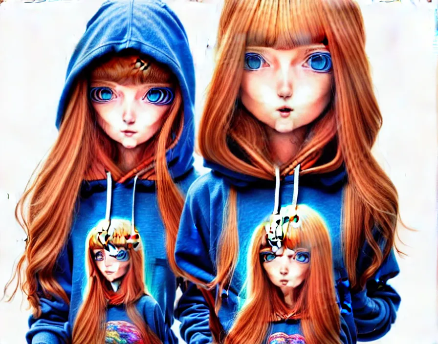 Image similar to richly detailed colored pencil 3D illustration of a beautiful polish girl with long metallic hair wearing a hoodie and short shorts, she is evil and happy. mirrored background with completely rendered reflections, art by Range Murata and Artgerm.