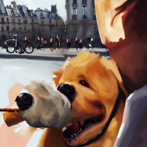 Image similar to dog eating croissants in paris, artstation