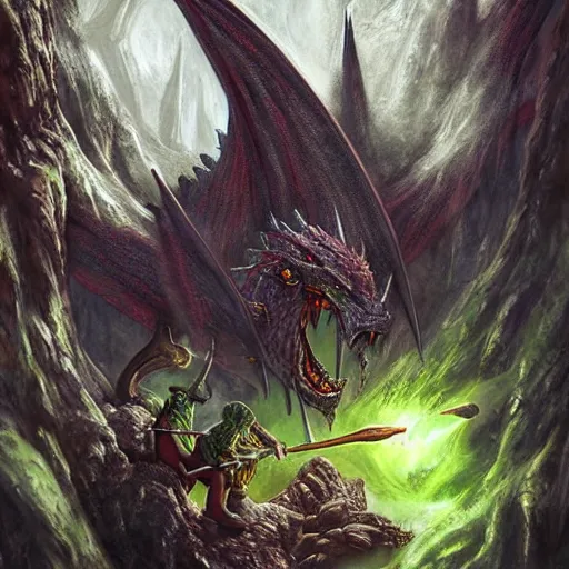 Prompt: fairy tale, painting, massive green dragon!!!, muscular, dnd, inside a dungeon, realistic!, dungeons and dragons, in front of small adventures in shadow, cinematic composition, medieval style, detailed, lens flare, fan art, digital painting, kodachrome, dramatic