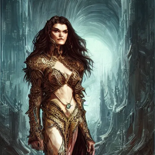 Image similar to a portrait of rachel weisz as a sorceress, urban motifs, intricate, elegant, highly detailed, digital painting, trending on artstation, concept art, smooth sharp focus, illustration, art by artgerm and greg rutkowski