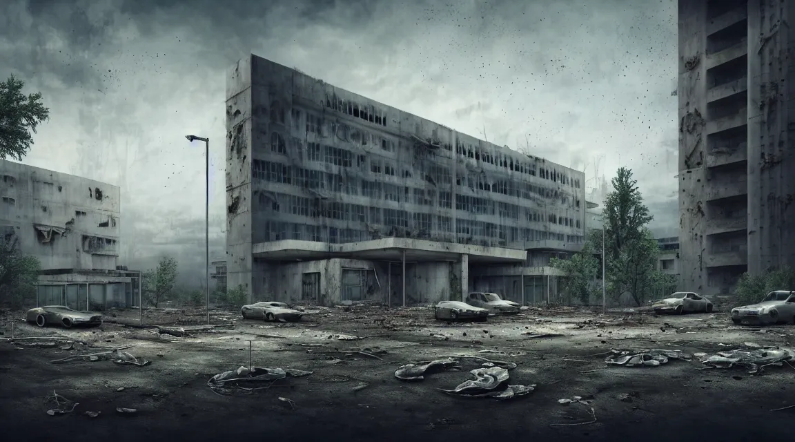 Image similar to post apocalyptic hospital building, grey aliens standing, morning, building, avenue, modern contemporary urban americana concrete architecture, by pascal blanche, neil blevins, apocalyptic color palette, trending on artstation, photorealistic, wilderness ambiance, ultra detailed, high definition, depth of field, bokeh, rubble, wild vegetation, blood stains, building crumbling