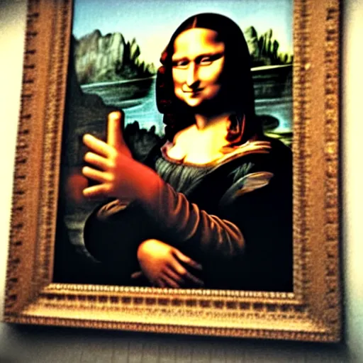Prompt: mona lisa doing a selfie giving a thumbs up.