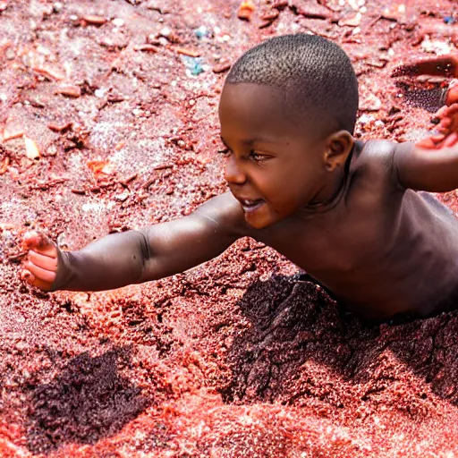 Image similar to kid sliding down chocolate pudding slip n slide head first, professional photo taken at the park