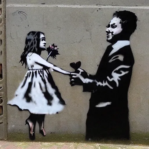 Image similar to a young girl giving flowers to a poor man by Banksy